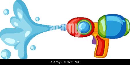 Vibrant cartoon vector illustration of a plastic water pistol shooting liquid on white background Stock Vector