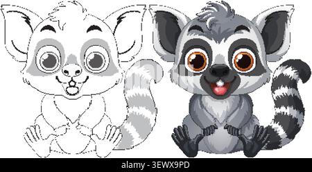 Flat vector illustration of a smiling baby lemur in colored and black-and-white line art. Stock Vector