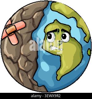 Worried cartoon Earth with cracked, bandaged landmass, colorful flat vector style, environmental concept Stock Vector