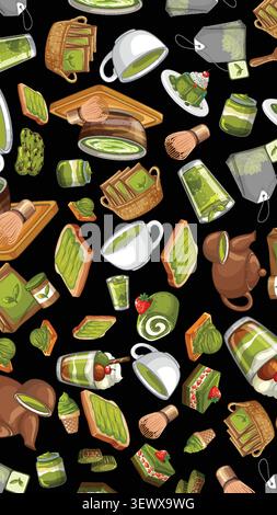 Vector illustration of matcha sweets, tea bags, whisks, and teapots on a black background. Stock Vector