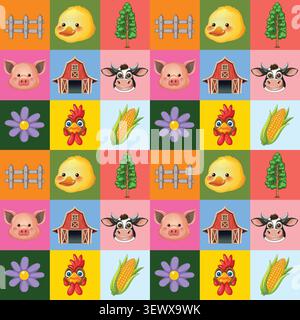 Colorful vector grid pattern with farm animals, barns, and crops in a flat style. Stock Vector