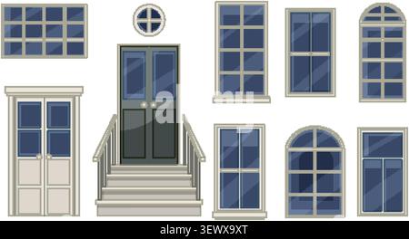 Various traditional house doors and windows, flat vector style, neutral colors, isolated on white Stock Vector