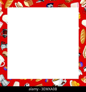Seamless vector pattern of pastries and coffee equipment framing a central white square space. Stock Vector