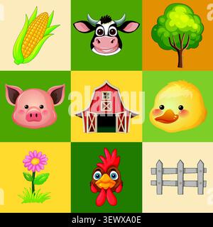 Flat vector illustration of farm animals, barn, and crops in a grid layout. Stock Vector
