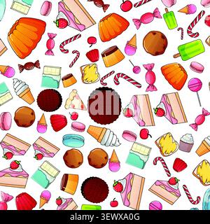 Vibrant pop art vector illustration of assorted candies, cakes, and ice cream on white. Stock Vector