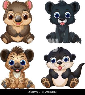 Vector illustration of a baby wombat, panther, hyena, and otter in a cute style. Stock Vector