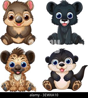 Vector illustration of a baby wombat, panther, hyena, and otter in a cute style. Stock Vector