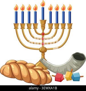 Vector illustration of a lit menorah, braided challah bread, shofar, and colorful dreidels on white Stock Vector