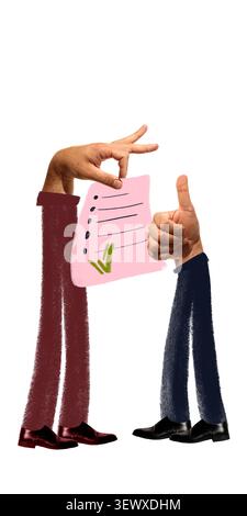 Business approval list with checkmark and hand giving thumbs up in hand drawn artwork. Stock Photo