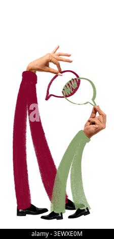 Mixed media hands holding speech bubbles in creative conversation. Stock Photo