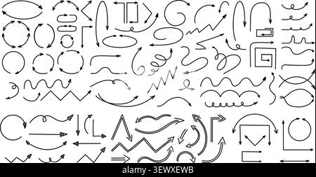 Doodle Arrows And Pointers Set. Hand Drawn UI Elements For Dashboard Design. Isolated Curved Cursor of Various Shapes and Directions. Line art Scribbl Stock Vector