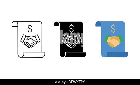 Contract agreement handshake document icon set outline silhouette and color vector isolated on white background Stock Vector