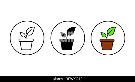 Potted plant seedling icon set outline silhouette and color vector isolated on white background Stock Vector