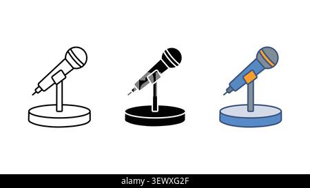 Microphone on stand icon set outline silhouette and color vector isolated on white background Stock Vector