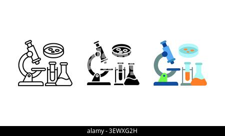 Laboratory microscope and chemistry glassware icon set outline silhouette and color vector isolated on white background Stock Vector