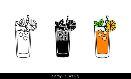 Iced cocktail drink with orange slice icon set outline silhouette and color vector isolated on white background Stock Vector
