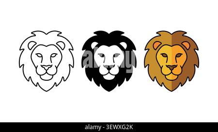 Lion head icon set outline silhouette and color vector isolated on white background Stock Vector