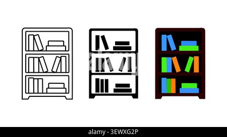 Bookshelf with books icon set outline silhouette and color vector isolated on white background Stock Vector