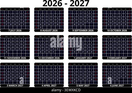English 2026-2027 Horizontal 4x3 Grid Minimalist Primary Shapes Calendar Bauhaus Style Yearly Layout (Compatible with 2037-2038 and 2054-2055). Stock Vector