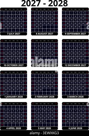 English 2027-2028 Vertical 3x4 Grid Design Agency Annual Wall Planner Minimalist Architectural Project Grid (Compatible with 2055-2056). Stock Vector