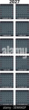 English 2027 Vertical 2x6 Grid Creative Studio Workflow Tracker Modern Geometric Annual Timeline (Compatible with 2038 and 2049). Stock Vector
