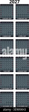 English 2027 Vertical 2x6 Grid Creative Studio Workflow Tracker Modern Geometric Annual Timeline (Compatible with 2038 and 2049). Stock Vector