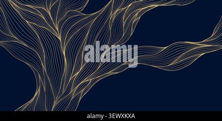 Luxury abstract pattern, elegant golden on dark line waves, organic tree texture, Japanese design, modern art deco style. Premium vector illustration Stock Vector