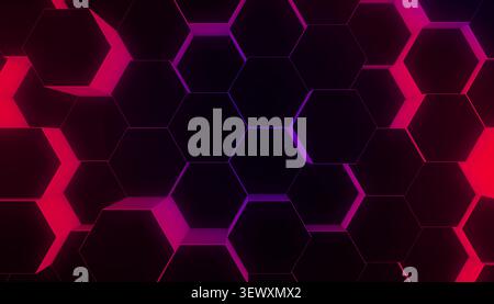 Abstract background featuring a dynamic hexagon pattern with glowing neon pink and purple light, creating a futuristic graphic texture Stock Photo