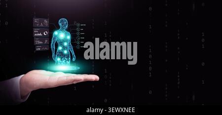 AI digital twin healthcare concept. Doctor hand with virtual human model with biometric monitoring, patient analytics, wearable health data, intellige Stock Photo