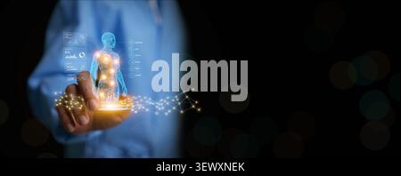 Digital health concept featuring virtual human body with AI powered patient monitoring, health analytics, biometric tracking, connected healthcare tec Stock Photo