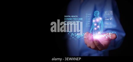 Digital health concept. Doctor hand holds virtual human body with healthcare analytics. Wellness monitoring, AI powered patient data, remote care tech Stock Photo