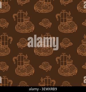 Hygge glass coffee maker with cinnamon rolls on wooden tray seamless pattern Stock Vector