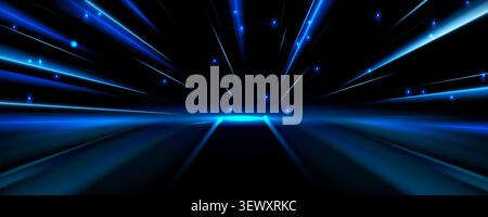 Speed light trails with neon blue lines radiating across dark background. Futuristic tech motion effect with luminous beams and glowing particles - dynamic energy burst on fast digital velocity scene. Stock Vector