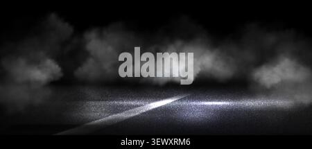Dark asphalt road in smoke illuminated with car light. Vector realistic illustration of night highway surface, street lights reflection in transparent fog clouds, crime scene, speed race background Stock Vector