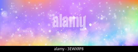 Unicorn rainbow background with sparkling bokeh lights and gradient. Watercolor sky with glittering stars. Dreamy princess backdrop with kawaii magic sparkles and soft fairy tale atmosphere. Stock Vector