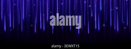 Shower of blue glitter and rain of sparkling stars falling vertically on dark backdrop. Neon light trails with shimmering particles with elegant cosmic effect for festive celebration background. Stock Vector