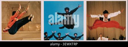 Igor Moiseyev State Academic Ensemble of Popular Dance performing, USSR, 1970s. Soviet folk dancers performing acrobatic jumps in traditional costumes Stock Photo