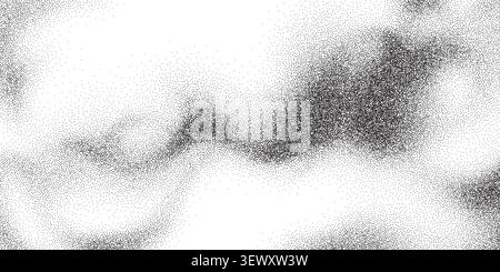 Black halftone dot waves on white background. Vector realistic illustration of abstract shapes, stipple gradient pattern, grainy texture, grunge paint spray effect, liquid spot texture, dotwork fluid Stock Vector