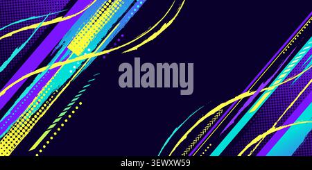 Abstract sport banner with diagonal color stripes and halftone pattern. Vector realistic illustration of grungy blue, purple, yellow lines and dots on black bg, paint brush effect, distressed poster Stock Vector