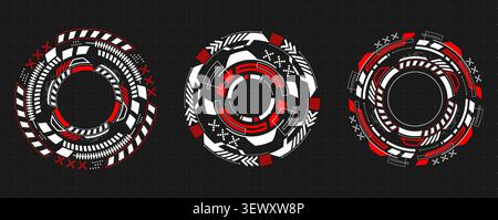 Futuristic round hud interface with circular tech elements and glowing target frames, isolated vector illustration. Abstract icons for cyber game design and sci-fi digital displays Stock Vector