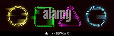Glitch effect circle frame with neon digital distortion. Cyber punk color graphic design with broken pixel rings, triangular and square futuristic light elements on dark transparent background Stock Vector