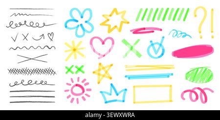 Hand drawn marker highlights and underlines, colorful pen doodle strokes, vector set isolated on white. Check box on whiteboard, question and exclamation marks for emphasis, marker texture elements Stock Vector