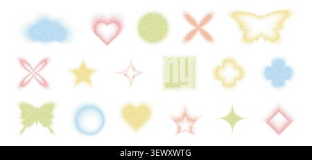 Grainy gradient shapes, flower and butterfly, circle and heart in Y2K retro style, vector illustration set. Noisy color halftone patterns, pixelated dots, and abstract floral and geometric icons Stock Vector