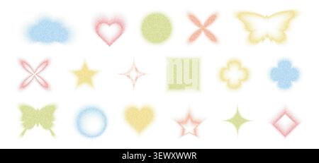 Grainy gradient shapes, flower and butterfly, circle and heart in Y2K retro style, vector illustration set. Noisy color halftone patterns, pixelated dots, and abstract floral and geometric icons Stock Vector