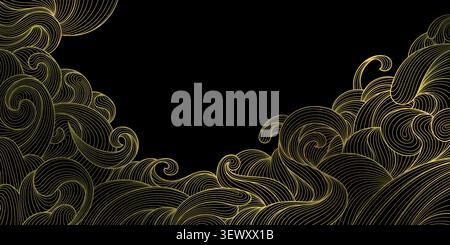Luxury abstract Japanese wave pattern with elegant gold on black line art, flowing curves, modern geometric shapes of ocean, river, cloud. Premium Stock Vector
