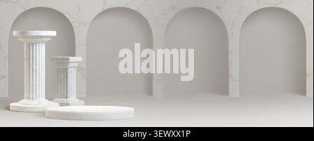 Ancient greek or roman podiums, white marble pedestal on arch wall, realistic vector background. 3D stone museum column stands and grey arcs in temple interior, presentation or product display. Stock Vector