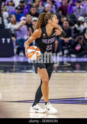 Golden State Valkyries guard Veronica Burton (22) celebrates after scoring a three-pointer ...