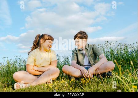 Brother and sister sitting together in wildflower meadow Stock Photo