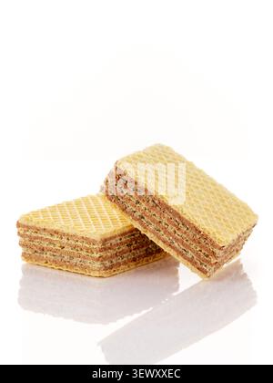 Crispy chocolate layered wafer cookies on white Stock Photo