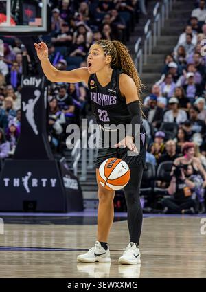 Golden State Valkyries guard Veronica Burton (22) celebrates after scoring a three-pointer ...